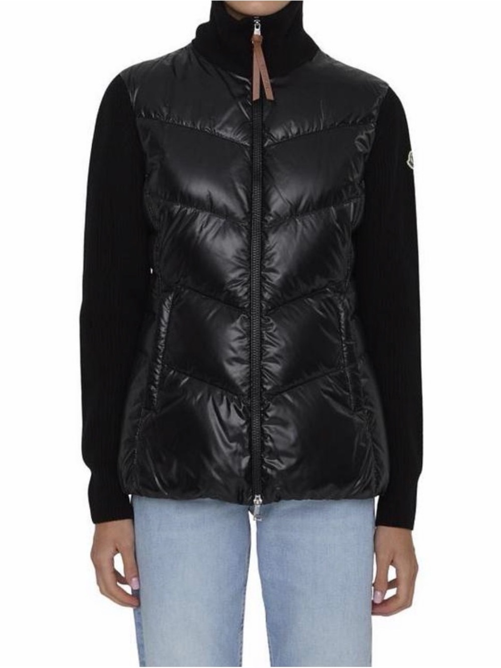 Moncler Black Quilted Puffer Jacket with Knit Sleeves and Tan Leather Pull